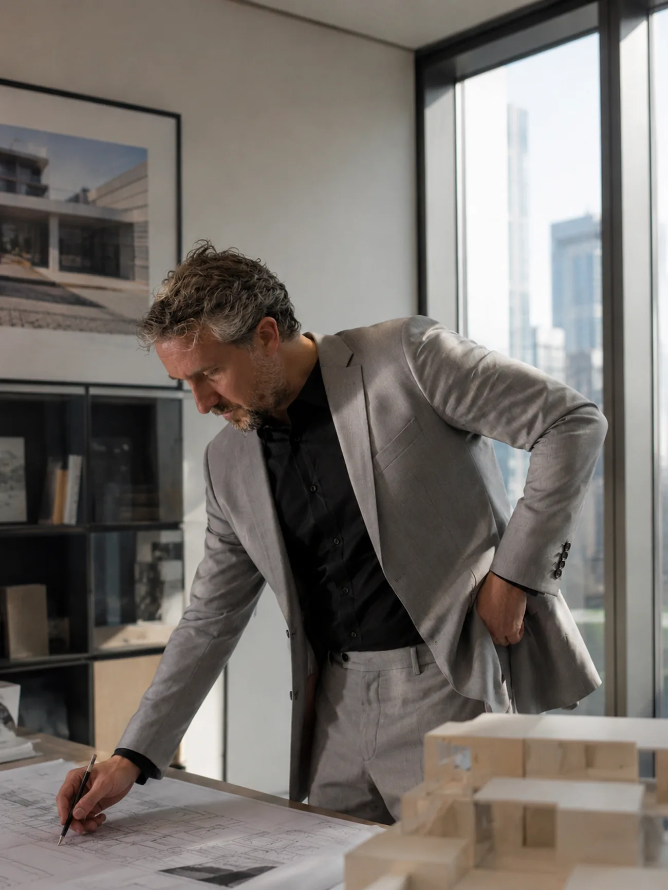 Ali Sarıgöz reviewing architectural drawings in Dubai