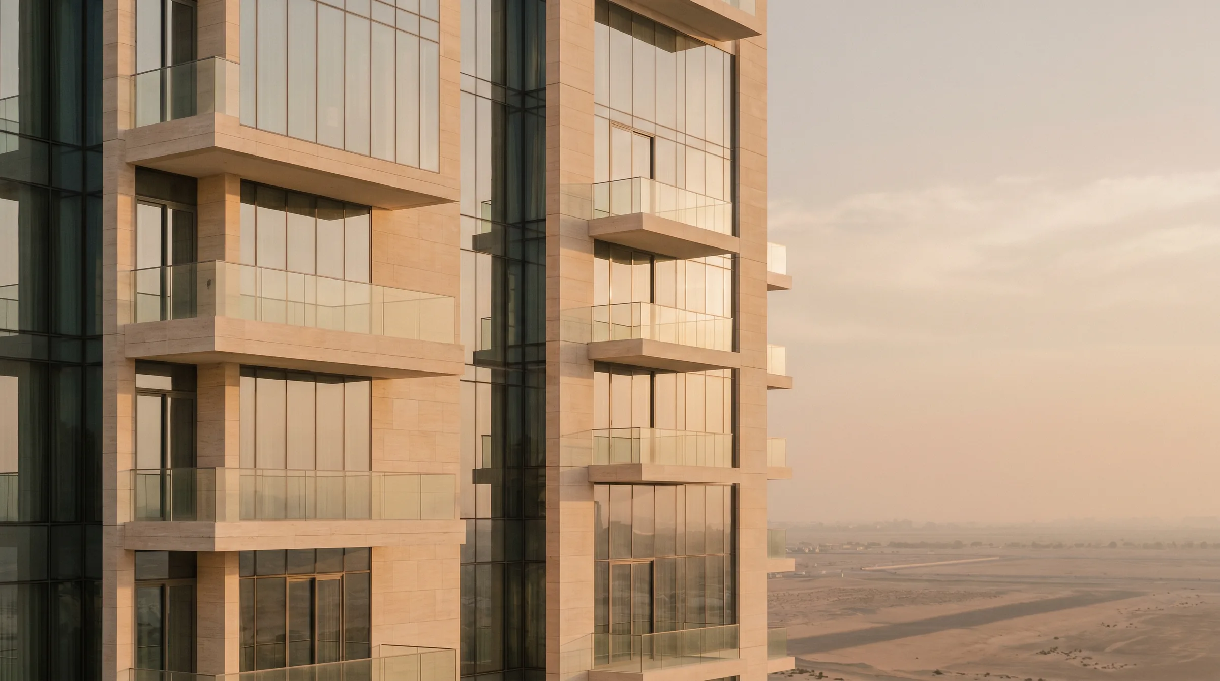 Limestone residential architecture in Dubai at golden hour